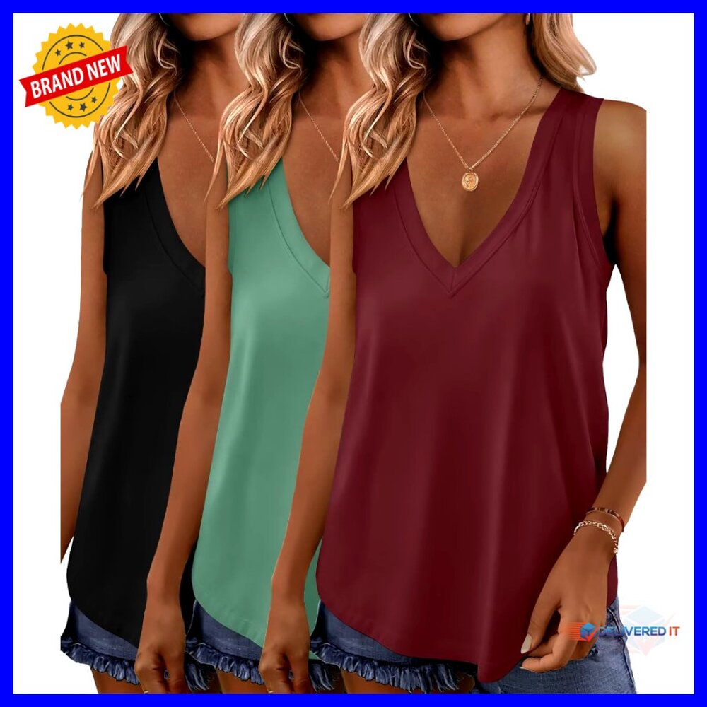V Neck Sleeveless Tank Tops Loose Fit Casual Blouse Summer Vacation Outfits